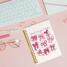 JKMBN Christian Spiral Bible Notebook, Coquette Pink Bows Journaling, Christian Gifts for Women Girls, God Says I Am Prayer Journal, Church Notes Notebook, Hardcover Lined Notebook 5.5 x 8.3