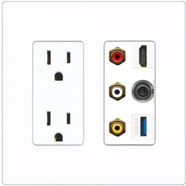 RiteAV 3xRCA Composite HDMI 3.5mm USB 3.0 Wall Plate - Outlet [Screwless White]