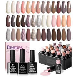 Beetles Kit Esmalte en Gel 23 Piezas, 20 Colores | Tonos Rosa Pastel, Marrón, Durazno y Brillo con Base y Capas Mate y Brillante