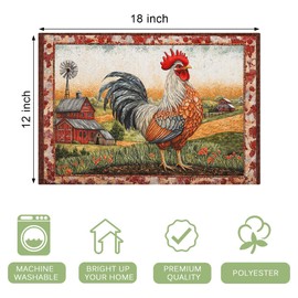 Juego de 4 manteles individuales de gallo para mesa de granja de pollo, lavables para el hogar, fiesta, interior, cocina, comedor, decoración, 12 x 18 pulgadas
