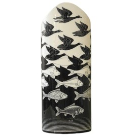Decorative Ceramic Vase with Escher Sky and Water Design, Black and White Bird Fish Pattern