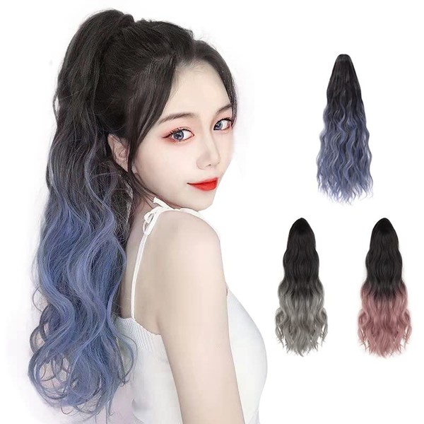 Arcutina Synthetic Hair Women's Clip On Gradient Ponytail Wig Extensions Long Curly Hair Extensions Point Wig 45cm 55cm (55cm, Blue)