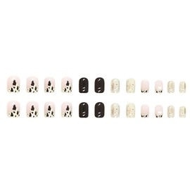 24 Pieces Square False Nails Cow Design False Nails Short False Nails Heart False Nails Pearl False Nails Shine False Nails Daily Decorative Art for Women and Girls