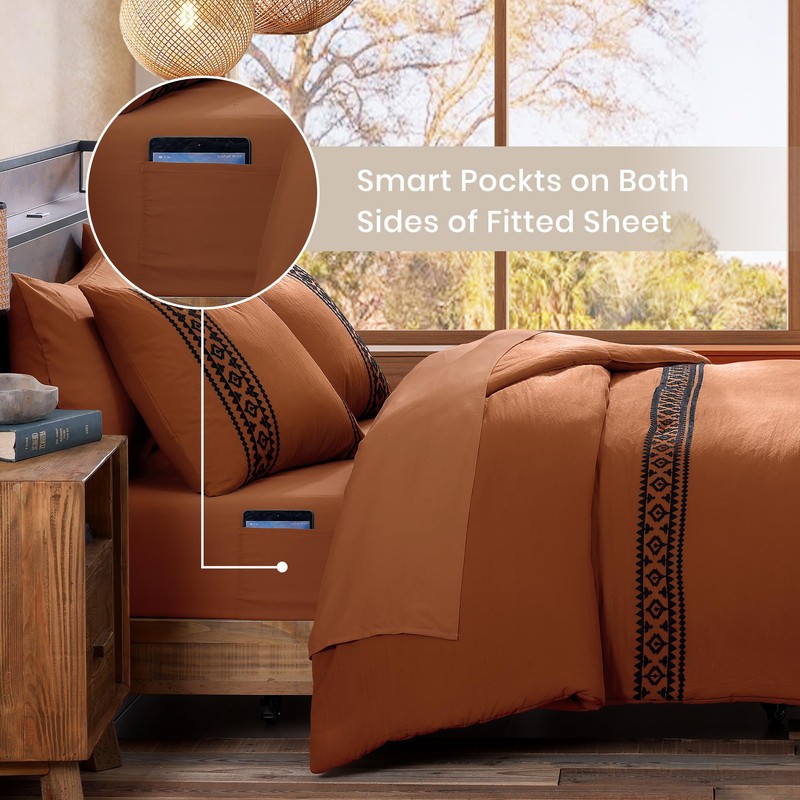 MaiRêve Burnt Orange Embroidery Comforter Sets Full Size - 7