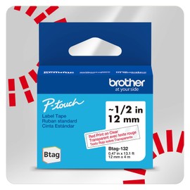 Brother Genuine Btag-132 P-Touch Label Tape for Brother P-Touch PT-N10, PT-N20 and PT-N25BT Label Makers, Btag Series, Non-Laminated, red on Clear 12mm