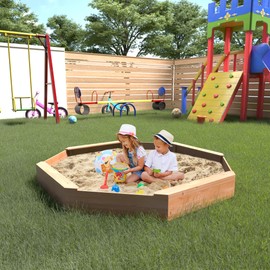 Children's Octagonal Wooden Sandbox, Outdoor Sandbox with Cover and 4 Sturdy Benches, Large Wood Octagonal Sandpit with Canopy