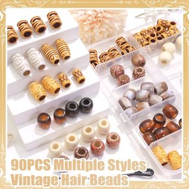 NAISKA 90PCS Wood Hair Beads 10 Styles Beads Sets African Wooden Braids Beads Acrylic Hair Tube Bead Loc Dreadlock Jewelry Hair Accessories for Women