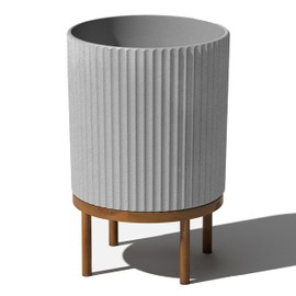 Veradek Demi Series Round Planter w/ Stand for Porch/Patio | Durable Plastic-Concrete & Wooden Stand | Modern Décor for Tall Plants, Flowers