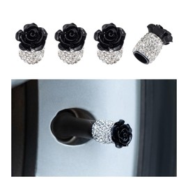 KHGUZ Bling Car Valve Stem Caps, 4PCS Crystal Rhinestone Rose Flower Vehicle Wheel Tire Tire Valve Covers, Dustproof Diamond Auto Air Cap Covers, Universal for Bicycle Trucks Motorcycles (Black)