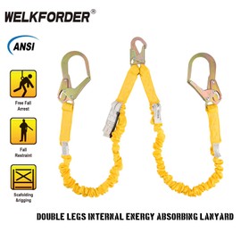 WELKFORDER Double Leg 6-Foot Fall Protection Internal Shock Absorbing Stretchable Safety Lanyard with Snap & Rebar Hook Connectors ANSI Compliant