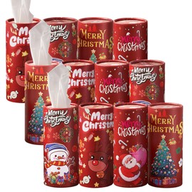 12 Pack Christmas Car Tissues, 4 Decorative Christmas Car Tissues Cylinder with Facial Tissues, Round Tube Xmas Cup Holder Tissues Boxes for Car Travel Party Bathroom