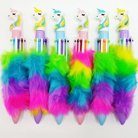 YHSMFCL Multicolor Ballpoint Pen 0.7 mm Unicorn 6-in-1 Colored Pens 6 Pcs Cute kawaii Fluffy 6 Colors Shuttle Rainbow Plush Stationery Supplies Novelty Students School Office Party Gifts
