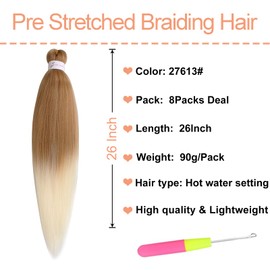 Mscat 26 Inch 8 Packs Pre Stretched Braiding Hair Brown Pre Stretched Braiding Professional Synthetic Prestretched Crochet Braids Hair Extension Hot Water Setting Yaki Texture (27613#)