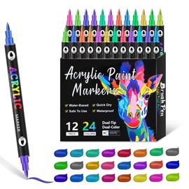 Cakwendon 24 Colors Acrylic Paint Markers,Dual Tip Drawing Marker Pen for Rock Painting,Ceramic,Wood,Plastic,Calligraphy,Scrapbooking,Brush Lettering,Card Making,DIY Crafts
