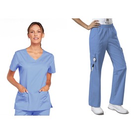 Cherokee Scrub Set for Women with Our Modern Classic fit V-Neck Top 4727 and Mid Rise Pull-On Cargo Pant 4005, Ciel- M Top/M Petite Pant