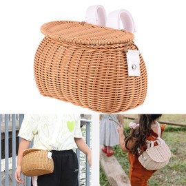 ZHIZHOUNEY Bicycles Wicker Basket Front Handlebars Basket with Belt and Lid Wovens Bikes Basket for Kids Bikes Scooter