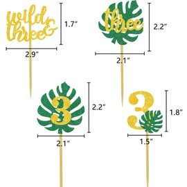 DOMOO OF DREAMS Safari Wild Three Cupcake Toppers Jungle 3rd Birthday Wild Theme Party Decoration Tropical Leaf Food Picks Gold 3