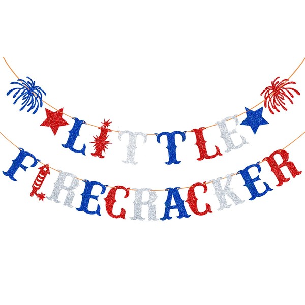 Ushinemi Banner de primer cumpleaños con purpurina Little Firecracker pre-encordado,