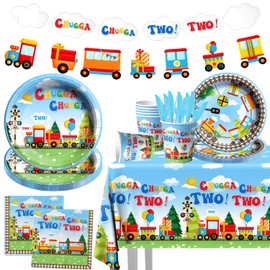 Chugga Chugga - Juego de 2 suministros para fiestas, 142 piezas de decoración de cumpleaños, platos de papel, juego de vajilla Chuagaa Chugga, dos dos de transporte, para suministros de fiesta de tren
