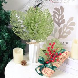 20Pcs Artificial Glitter Monstera Leaves Stems 14.96In Christmas Fake Palm Leaves Picks Faux Monstera Leaves Stems for Christmas Tree Garland Party Holiday Home Table Indoor Outdoor Decor(Green)