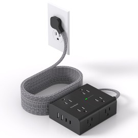 Surge Protector Power Strip 15 Ft Cord, Ultra Thin Flat Extension Cord with 8 Outlets 4 USB Ports(2 USB C), Flat Plug Power Strip, 15 Ft Long Braided Power Cord for Home, Office, Dorm Essentials - BK