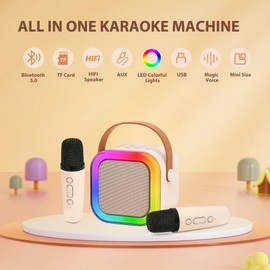 Fede Karaoke Machine for Kids Adults, Mini Karaoke Machine with Wireless Microphone, Portable Bluetooth Speaker with Voice Changing Effects & LED Lights, Best Gifts Toys for Girls and Boys Beige