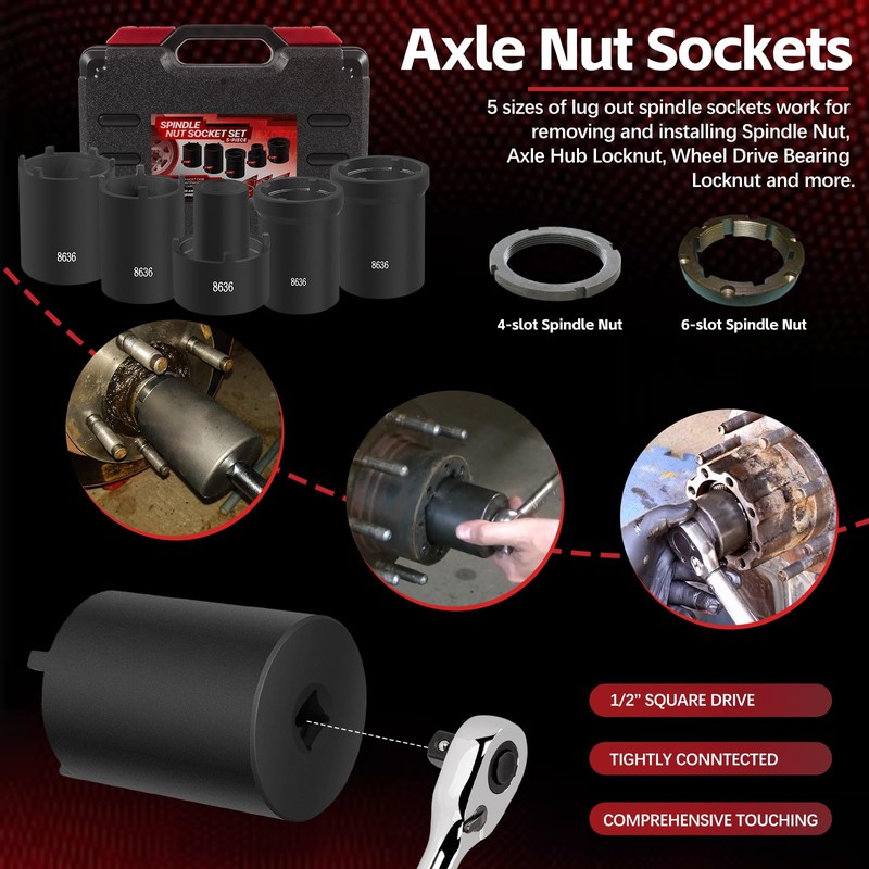 Spindle Nut Socket Tool Kit 5 Pcs Axle Hub Lock