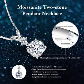 Moissanite Necklace for Women, 1-3Carat Lab-Created Simulated Diamond Pendant Wedding Anniversary Birthday Christmas Valentine Engagements Mothers Day Jewelry for Her Wife Mom Daughter, 2.0 Carats,