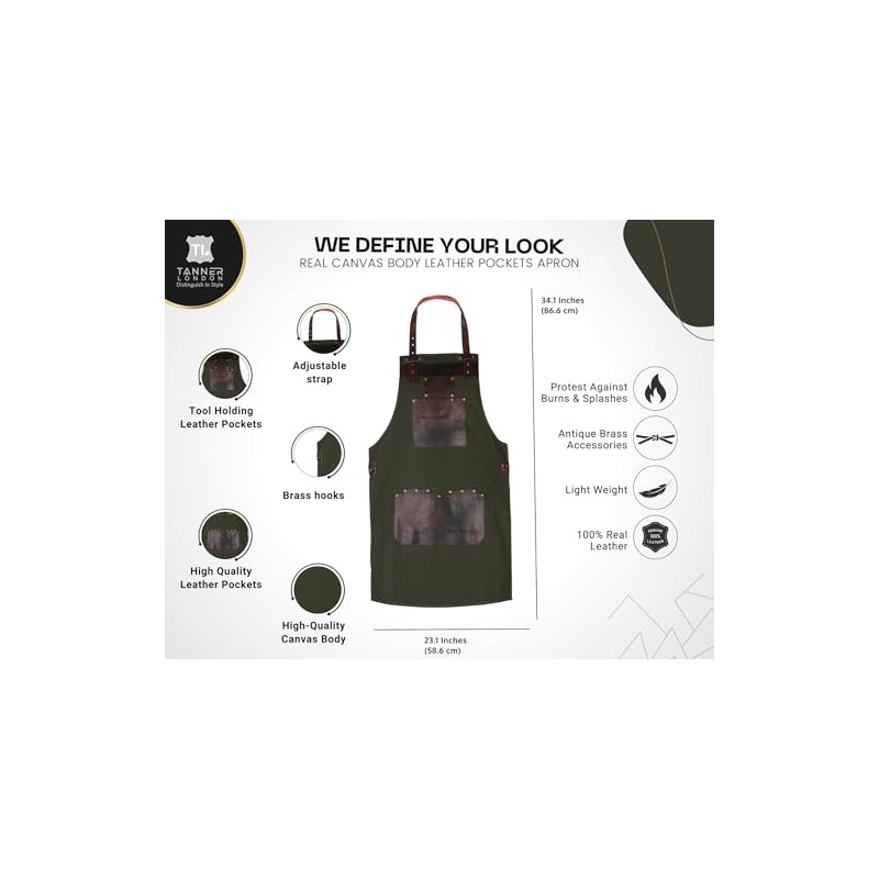 Canvas Apron with Leather Pockets & Holders – Chefs, Bakers,