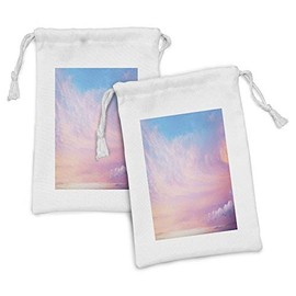 Lunarable Clouds Fabric Pouch Set of 2, Mystic Sky with Fluffy Clouds Heavenly Inspirational Hope Pastel Colored Nature Theme, Small Drawstring Bag for Toiletries Masks and Favors, 9" x 6", Pink Blue