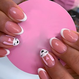 Easter Day French Tips Press on Nails Oval Glossy Full Cover Short Oval False Nails with Rabbits Designs Reusable Acrylic Rabbit Fake Nails with Glue Stick on Fingernails for Women