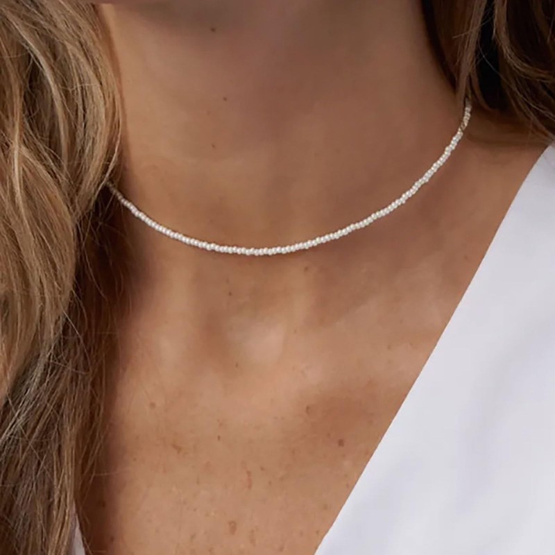 Jugielu Boho Tiny Seed Bead Necklace Choker White Beaded Necklace
