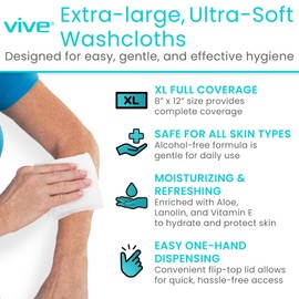 Vive Disposable Washcloths for Adults & Elderly (6 Pack - 300 Count - 8"x12") – Incontinence Wipes for Men & Women – Hypoallergenic No Rinse Adult Body Wipes for Sensitive Skin – Unscented