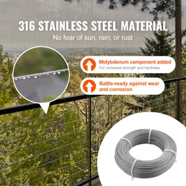 Happybuy T316 Deck Railing Cable, 1/8" Stainless Steel Wire Rope 300ft, 7x7 Strands Construction, Marine Aircraft Grade, Cutter Kit, Outdoor Handrail, Stair Decking, Fence