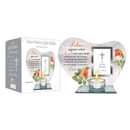 Robins Appear When Loved Ones Are Near Memorial Votive Tea Light Holder with Photo Frame AND Prayer/Wallet Card for Rememerance Of Family and Friends