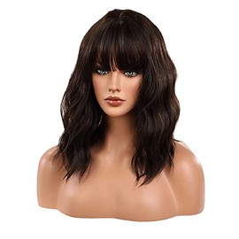 Pelucas Bob Cortas Onduladas Claro con Flequillo Peluca al Hombro Rizada y Ondulada Pelucas Cosplay de Sintético para Mujer (Marrón Negro)
