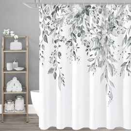 Gibelle Extra Long Shower Curtain 72 x 84, Grey Floral Shower Curtain for Bathroom, Watercolor Plant Eucalyptus Leaves Fabric Shower Curtain Set with Hooks