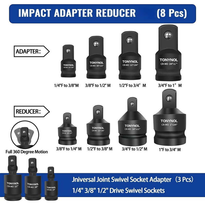 TONYNOL 11pcs Impact Adapter and Reducer Set and Universal Joint