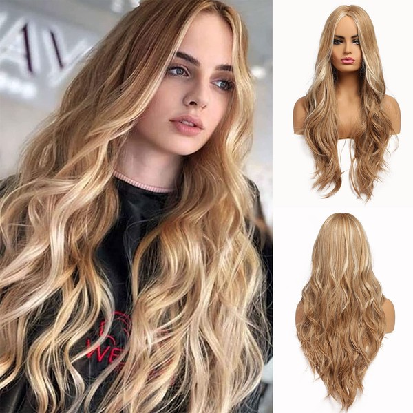 Esmee 24 Inches Long Curly Synthetic Hair Wigs for Women Middle Parting Ombre Honey Blonde…
