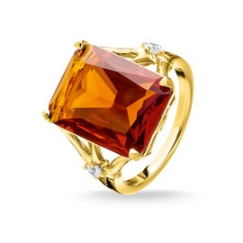 THOMAS SABO TR2261-971-8 Women's Ring Orange Stone Large with Star 925 Sterling Silver 750 Yellow Gold Plated, Sterling Silver, Cubic Zirconia