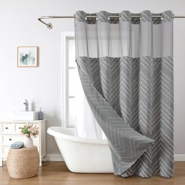 eachope Extra Long Grey No Hook Shower Curtain with Snap-in Liner Set,Boho White Woven Fabric Tufted Chevron Striped Design,Modern Chic Minimalist Bathroom Curtain,71x86