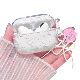 MINSCOSE Compatible with AirPods Pro Clear Case,Cute Ribbon Bow Pretty Aesthetic Design with Bow Love Heart Keychain,Soft TPU Protective Shockproof Case for Women Girl for AirPod Pro-White