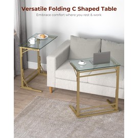 Tatub 24" Folding TV Tray Table, Glass C Shaped End Table for Couch, Small Sofa-Side Laptop Desk with Gold Metal Frame for Living Room, Bedroom, Bedside