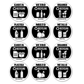 GamesMonkey® - Recycling Stickers for Recycling Garbage V3 – Washable Waterproof Illustrated – Italian English – Compliant with UNI 11686 Regulation (8.5 x 8.5, 12 Pieces)