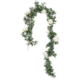 U'Artlines Artificial Eucalyptus Garland with White Roses Greenery Garland Eucalyptus Leaves Wedding Backdrop Wall Decor(Eucalyptus Garland with White Roses)