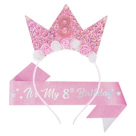 Papoopy Birthday Headband Crown with Sash for Party Decorations (Pink, 8th)