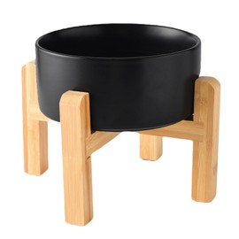 Welloyed 6'' Ceramic Raised Dog Bowl - 30Oz Dog Food & Water Bowl with Elevated Non-Slip Bamboo Stand, Dishwasher & Microwave Safe, Anti Vomiting Heavy Duty Pet Bowl for Small and Medium Dogs, Black