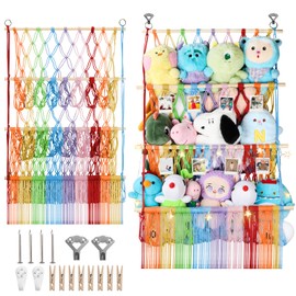3 Tier Stuffed Animal Storage Shelf Net, 24x39 Inch Large Plushie Net w/ LED Light & Clips for Mini Medium Stuffy Teddy, Rainbow Boho Macrame Wall Toy Holder Display for Nursery Kids Girls Boys