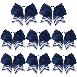 DEEKA 8PCS Large Glitter Cheer Bows Shiny 7" Cheer Hair Bows Ponytail Holder Handmade for Cheerleader Girls Softball Sports -Navy/g Silver