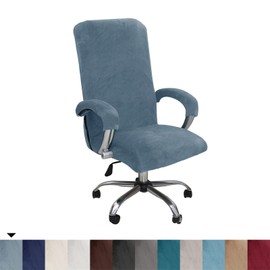 Office Chair Cover with Armrest Plush Velvet Solid Colour, Removable and Resistant Elastic Fabric Chair Cover for Swivel Office Chair, Grey Blue, XL